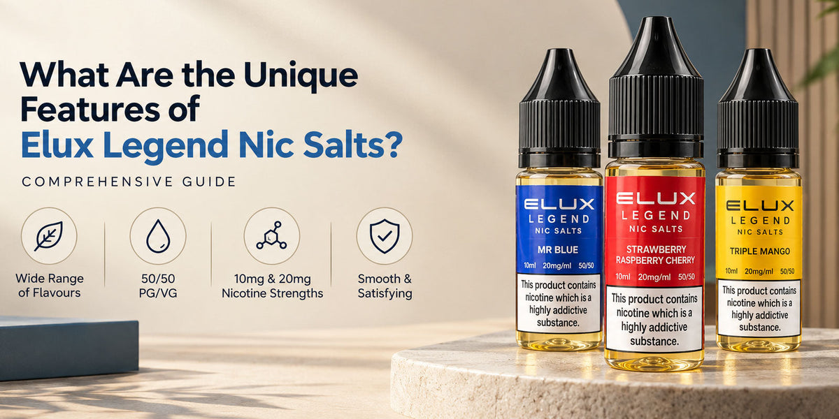 Elux Legend Nic Salts featuring multiple flavours, nicotine salt formulation, 50/50 PG/VG ratio, and 10mg and 20mg nicotine strengths.